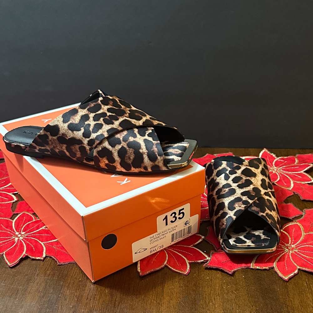 Katy Perry The Checked in Slide Leopard Print Satin Coffee Size 8M